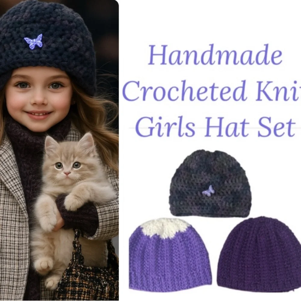 Girl’s Handmade Crochet Beanies Textured Sweater Knit Butterfly Metallic Purple